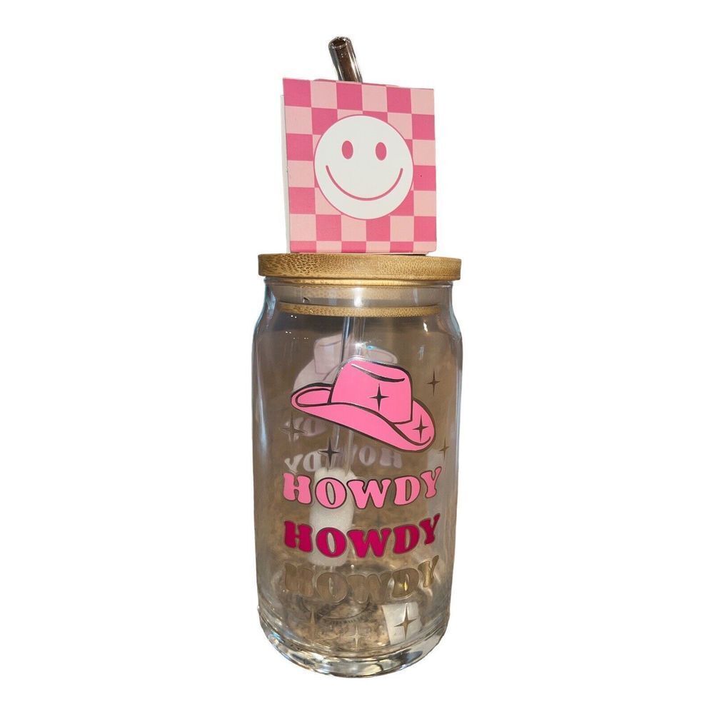 HOWDY Cowgirl Pink Cowboy Hat Howdy Beer Can Glass, bamboo lid & straw NWT - Picture 2 of 2